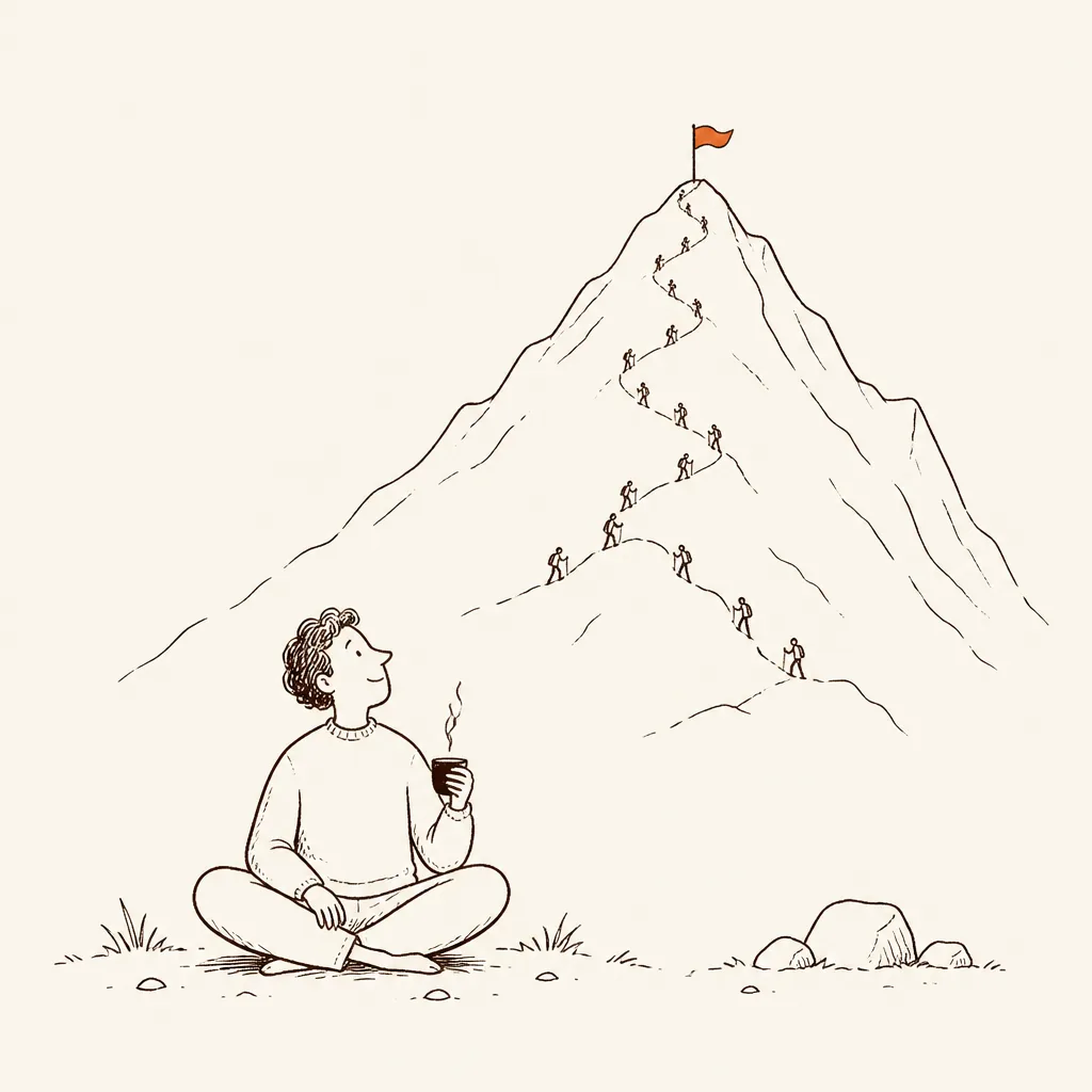 A person sitting contentedly at the foot of a mountain while others climb toward a flag at the top.
